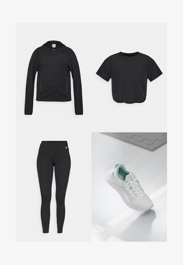 Champion C-TECH FULL ZIP HOODIE INTERLOCK - Mikina na zip - black; Černé zkrácené tričko vyrobené z měkkého materiálu, s kulatým výstřihem, krátkými rukávy a volným střihem. Jemné detaily prošívání.; Černé přiléhavé legíny s elastickým pasem, na levém horním boku se malým logem Champion.; Světle šedá sportovní obuv s texturovaným pleteným svrškem, mátově zelenými akcenty, bílými tkaničkami, gumovou podrážkou a poutkem na patě.