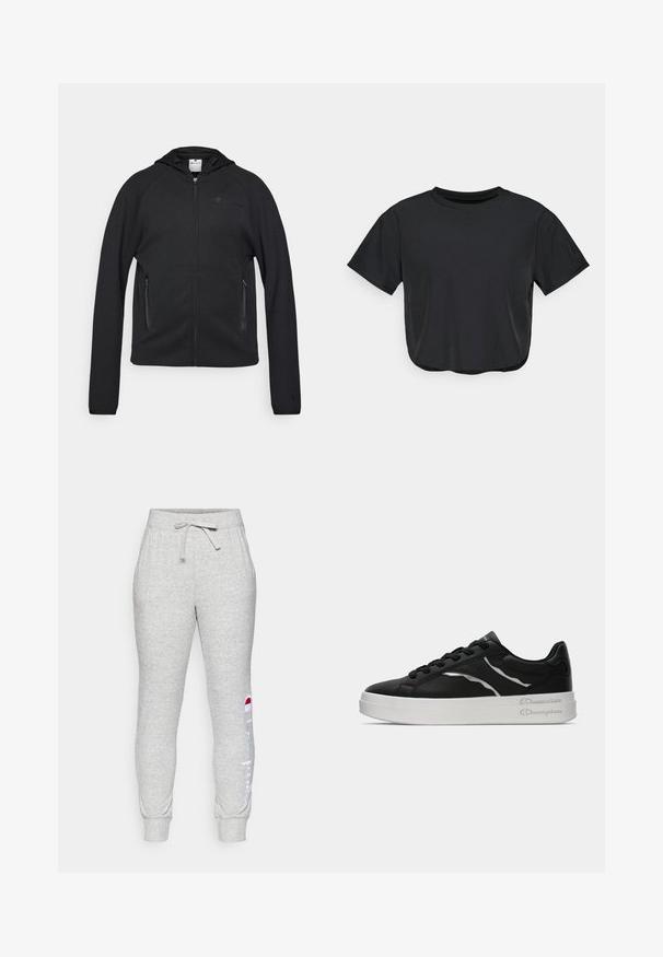 Champion C-TECH FULL ZIP HOODIE INTERLOCK - Zip-up sweatshirt - black; Black cropped t-shirt made of soft material, featuring a round neckline, short sleeves, and a relaxed fit. Subtle stitching details.; Gray cotton blend sweatpants with an elastic waistband, drawstring, and ribbed cuffs. Features a white "Champion" logo on the side.; Black leather sneaker with white sole, featuring thin silver accents and lace-up design. Smooth texture with branded detailing on the heel.