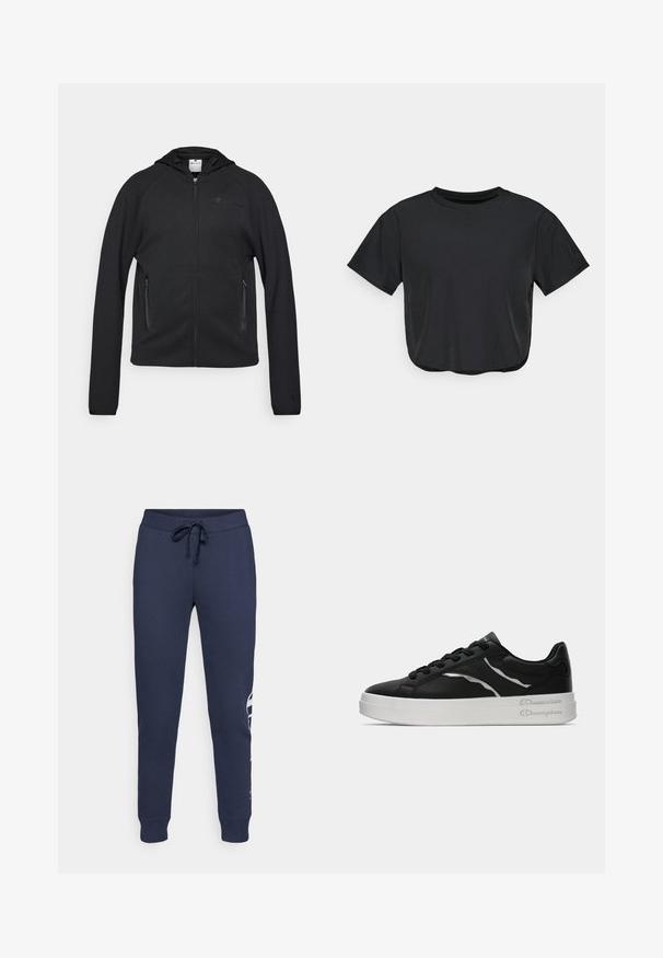 Champion C-TECH FULL ZIP HOODIE INTERLOCK - Sweat zippé - black; T-shirt noir coupé, fabriqué en matériau doux, avec un col rond, des manches courtes et une coupe décontractée. Détails de couture subtils.; Pantalons de survêtement bleu marine en matière douce, avec une taille à cordon de serrage, des jambes fuselées et un logo blanc bien visible sur le côté.; Sneaker en cuir noir avec semelle blanche, présentant de fines accents argentés et un design à lacets. Texture lisse avec un logo sur le talon.