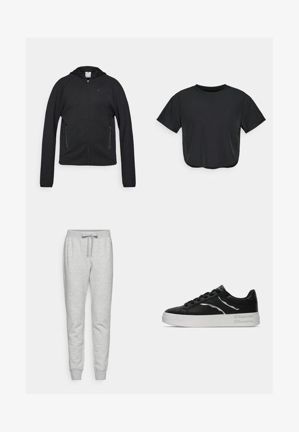 Champion C-TECH FULL ZIP HOODIE INTERLOCK - Jaka ar rāvējslēdzēju - black; Melna īsā T-krekls, izgatavots no mīkstas auduma, ar apaļu kakla izgriezumu, īsām piedurknēm un brīvu piegriezumu. Diskrēti šuvju elementi.; Pelēkie sporta bikses, kas izgatavotas no mīksta kokvilnas maisījuma, ar elastīgu jostu un auklu, sašaurinātiem pāriem un ribotiem aprocēm pie potītēm.; Melnas ādas tenisu kurpes ar baltu zoli, ar plānām sudraba akcentu un auklu dizainu. Gluda tekstūra ar zīmola detaļām uz papēža.