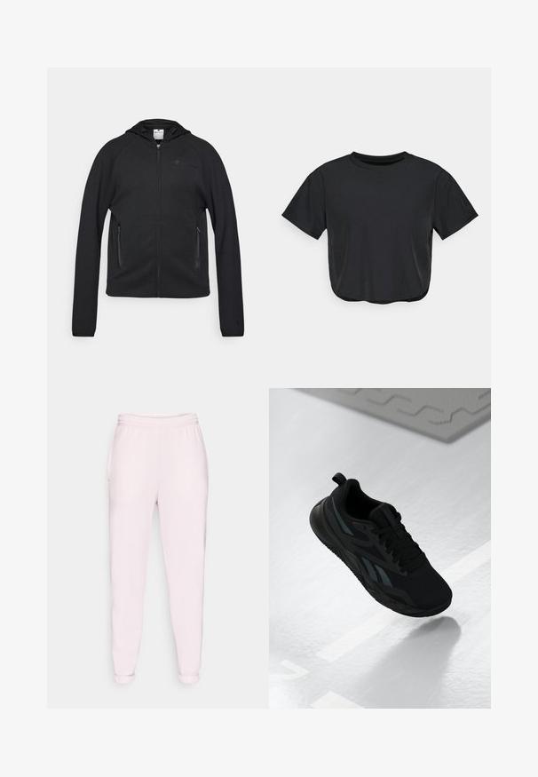 Champion C-TECH FULL ZIP HOODIE INTERLOCK - Majica s kapuljačom i patentnim zatvaračem - black; Crni skraćeni majicu od mekog materijala, s okruglim izrezom, kratkim rukavima i opuštenim krojem. Suptilni detalji šivanja.; Svijetloružičaste trenirke s pojasom na vezanje, bočnim džepovima i elastičnim manžetama. Izrađene od mekog, rastezljivog materijala.; Crna atletska cipela s mrežastim gornjim dijelom, s teksturiranim akcentima i ravnim oblikom đona. Uključuje tonirane oznake i petnu traku.