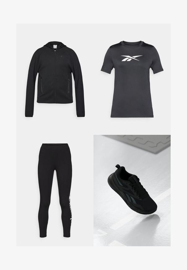 Champion C-TECH FULL ZIP HOODIE INTERLOCK - Zip-up sweatshirt - black; Black short-sleeve t-shirt made of smooth fabric featuring a white logo across the chest. Round neckline and regular fit design.; Black leggings with a smooth texture, high waistband, and white logo detail down the left side. Fitted design, full length.; Black athletic shoe with a mesh upper, featuring textured accents and a flat sole shape. Includes tonal branding and a pull tab at the heel.