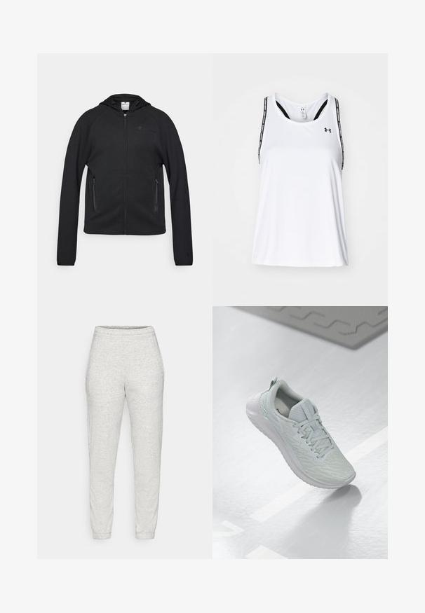 Champion C-TECH FULL ZIP HOODIE INTERLOCK - Zip-up sweatshirt - black; White athletic tank top with thin black straps featuring logo and text print, made of lightweight, breathable fabric; loose fit.; Light gray sweatpants in soft, textured fabric. Features an elastic waistband and tapered ankles. Simple design without pockets or patterns.; Light gray athletic shoe with a textured mesh upper, lace-up design, cushioned sole, and minimal branding detail.