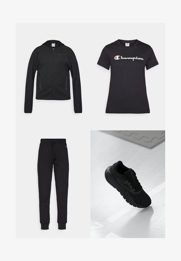 Champion C-TECH FULL ZIP HOODIE INTERLOCK - Sweatjacke - black; Schwarzes T-Shirt aus Baumwolle mit kurzen Ärmeln, einem Rundhalsausschnitt und einem großen weißen "Champion"-Logo mit rotem Akzent auf der linken Brust.; Schwarze Baumwoll-Sweatpants mit schmal zulaufenden Beinen, elastischen Bündchen und einem verstellbaren Kordelzug an der Taille. Mit einem kleinen Logo auf der Vorderseite.; Schwarzer Sportschuh mit einem Obermaterial aus Mesh, runder Zehenpartie, gepolsterter Sohle und strukturierten Akzenten, platziert auf einer glatten weißen Oberfläche.