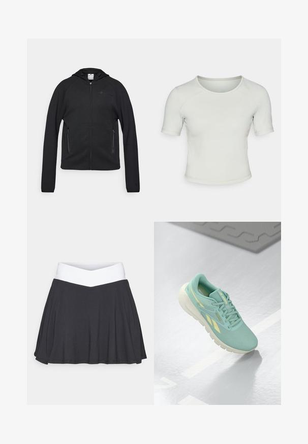 Champion C-TECH FULL ZIP HOODIE INTERLOCK - Tröja med dragkedja - black; Ljusgrön kortärmad tight t-shirt med rund halsringning, mjuk textur och en diskret logotyp på vänster framsida.; Svart skort med vitt crossover midjeband. Tillverkad av mjukt, stretchigt material, med en utsvängd design och en slät yta.; Ljus turkos idrottssko med en texturerad ovandel, kontrasterande gula detaljer och en kraftig vit sula. Har snörning och varumärkeslogotyp.