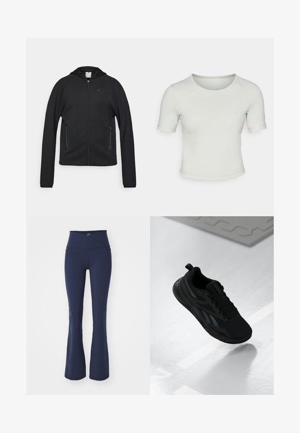 Champion C-TECH FULL ZIP HOODIE INTERLOCK - Majica s kapuljačom i patentnim zatvaračem - black; Svijetlozeleni kratkosapići prilagođeni majica s okruglim izrezom, glatke teksture, i suptilnim logotipom na lijevoj strani prednje strane.; Sweaty Betty POWER BOOT CUT 2.0 WRAP WAIST - Donji dijelovi trenirke - navy blue; Crna atletska cipela s mrežastim gornjim dijelom, s teksturiranim akcentima i ravnim oblikom đona. Uključuje tonirane oznake i petnu traku.