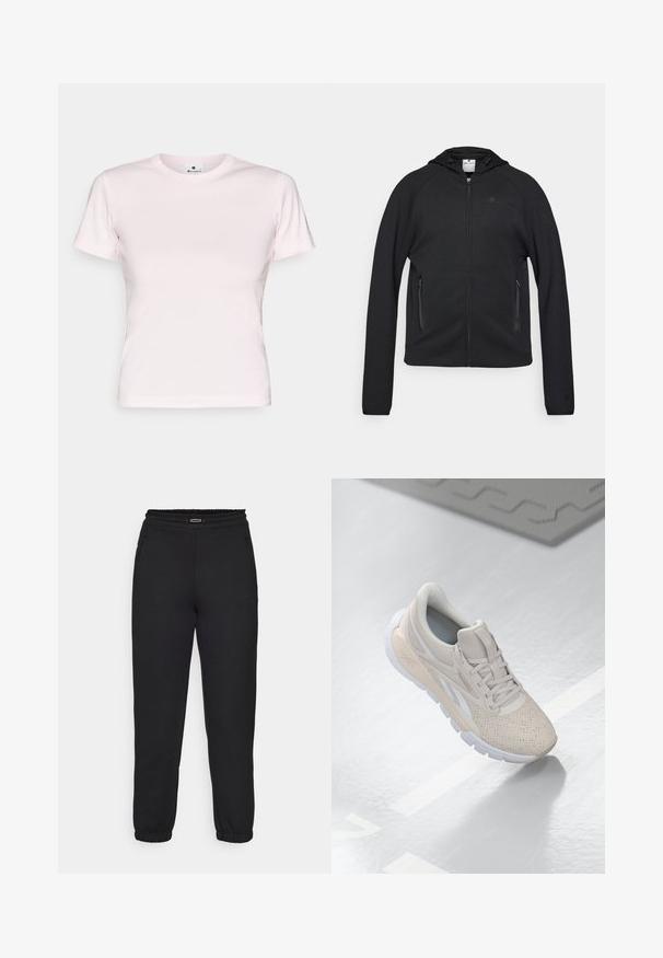 Champion C-TECH czarny; Jasnoróżowa bawełniana koszulka z klasycznym okrągłym dekoltem i krótkimi rękawami. Posiada małe logo na lewym rękawie. Gładka tekstura i dopasowany krój.; Champion C-TECH czarny; Jasno beżowy but sportowy z perforowanym cholewką, teksturowanymi akcentami, wyściełanym kołnierzem i białą gumową podeszwą, zaprojektowany z myślą o komforcie i wentylacji.