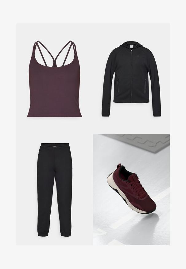 Champion C-TECH FULL ZIP HOODIE INTERLOCK - Felpa con zip - black; Top senza maniche di colore viola scuro realizzato in tessuto morbido, con sottili spalline doppie e scollatura arrotondata. Orlo senza cuciture nella parte inferiore.; Champion C-TECH CUFFED PANTS INTERLOCK - Pantaloni sportivi - black; Scarpa atletica color borgogna con tomaia in rete, dettagli neri e suola bianca ammortizzata. Presenta chiusura con lacci e una linguetta sul tallone.