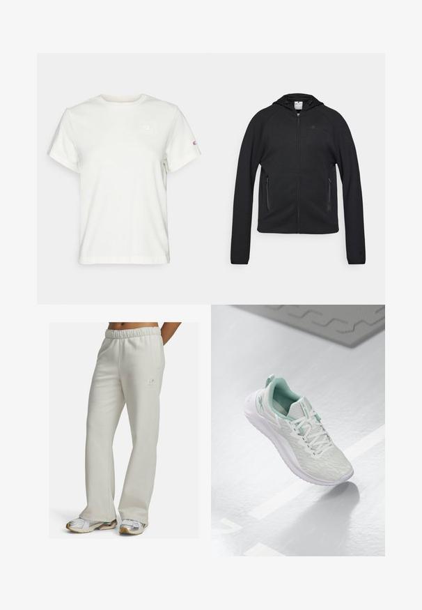 Champion C-TECH FULL ZIP HOODIE INTERLOCK - Sweatjakke - black; Hvid kortærmet bomulds T-shirt med rund hals og et lille logo på øverste venstre bryst. Blød tekstur og standard pasform.; Lys grå joggingbukser lavet af blødt stof. Har en elastisk talje og et lille logo på venstre lår. Flared ben design.; Lys grå sportsko med en struktureret strikket overdel, mintgrønne accenter, hvide snørebånd, gummisål og en løkke ved hælen.