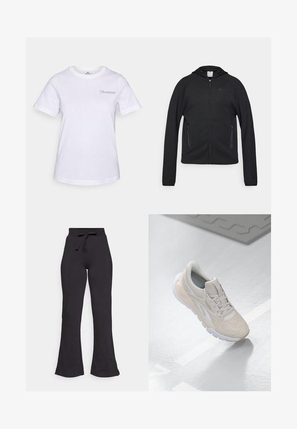 Champion C-TECH FULL ZIP HOODIE INTERLOCK - Majica s kapuljačom i patentnim zatvaračem - black; Bijela pamučna majica kratkih rukava, s malim izvezenim 'Champion' logotipom u svijetloplavoj boji na lijevoj strani grudnog koša.; Crne široke trenirke od mekog materijala, s elastičnom trakom za vezanje u struku i glatkom teksturom. Dizajnirane za udobnost i lakoću nošenja.; Svijetlosmeđi sportski tenisici s perforiranim gornjim dijelom, teksturiranim detaljima, podstavljenim okvirom i bijelim gumiranim potplatom, dizajnirani za udobnost i prozračnost.