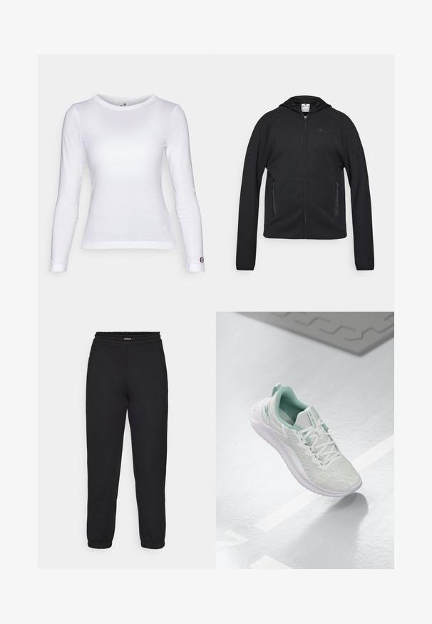 Champion C-TECH FULL ZIP HOODIE INTERLOCK - Cipzáras pulóver - black; Champion ICONS LONG SLEEVE - Hosszú ujjú felső - wihte; Champion C-TECH CUFFED PANTS INTERLOCK - Tréningruha alsók - black; Világosszürke sportcipő, texturált kötött felső réteggel, menta zöld kiegészítőkkel, fehér fűzőkkel, gumitalppal és húzófüllel a saroknál.