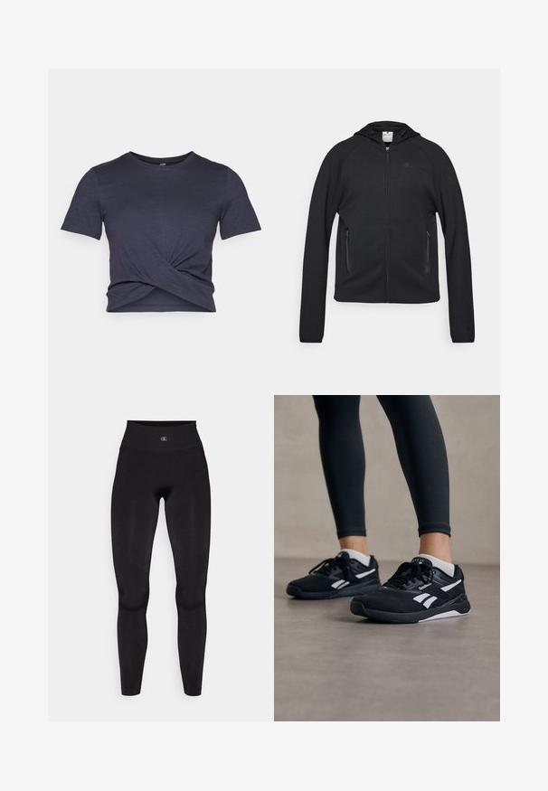 Champion C-TECH FULL ZIP HOODIE INTERLOCK - Cipzáras pulóver - black; Sötétkék, rövid ujjú póló csavart elejű kialakítással. Puha, könnyű anyagból készült; kerek nyakkivágással és laza szabással rendelkezik.; Champion SEAMLESS LEGGINGS SHOCK ABSORBER - Leggingek - black; Fekete sportcipők, texturált hálós felsőrésszel, fehér kiegészítőkkel és párnázott talppal. Fekete leggingsszel viselve, elegáns dizájnt mutatva be.