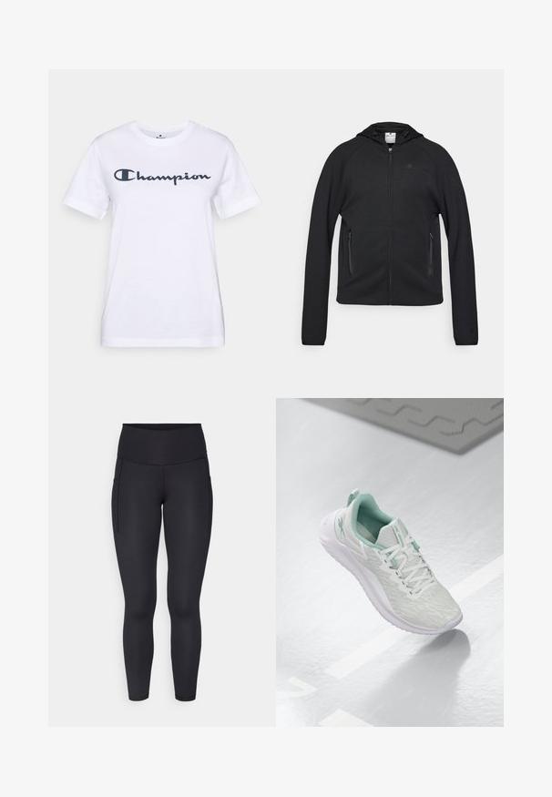 Champion C-TECH FULL ZIP HOODIE INTERLOCK - Lukuga pusa - black; Valge puuvillane T-särk lühikeste varrukatega ja ümmarguse kaelusega, millel on rinna peal tume meresinine "Champion" logo. Pehme tekstuur, lihtne disain.; Mustad mustad retuusad, mis on valmistatud venivast kangast, kõrge vöökoht ja kaks küljetaskut. Sile tekstuur ja särav disain.; Heledad hallitushallide spordijalanõud tekstuurse kudumise ülaosaga, mündiroheline aktsent, valged nöörid, kummist tald ja tõmblõng kandmisel.