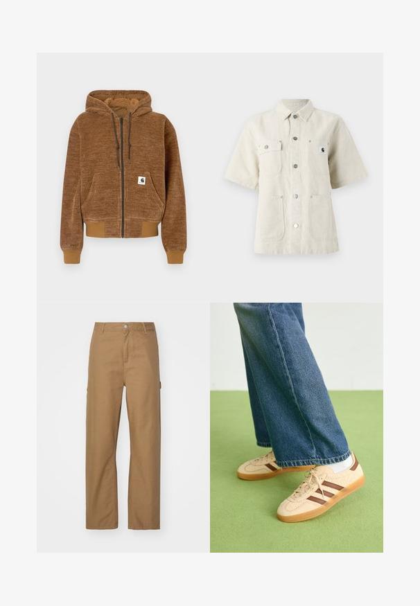 Rjava zip-up kapuca z nastavljivo kapuco, sprednjim žepom, rebrastimi manšetami in spodnjim robom ter belim Carhartt logotipom na žepu.; Majica s kratkimi rokavi iz svetle bež tkanine, ki ima špičast ovratnik, sprednje gumbe, dva žepa na prsih in majhen logotip na levi strani.; Svetlo rjave hlače ravnih nogavic iz bombažne mešanice. Imajo sprednje zapiranje z gumbom in dve stranski žepi; gladka, mat tekstura.; Bež teniske z teksturiranimi kremnimi paneli in rjavimi črtami, v kombinaciji z modrimi kavbojkami. Kavbojke imajo široke hlačnice in raztrgan rob.
