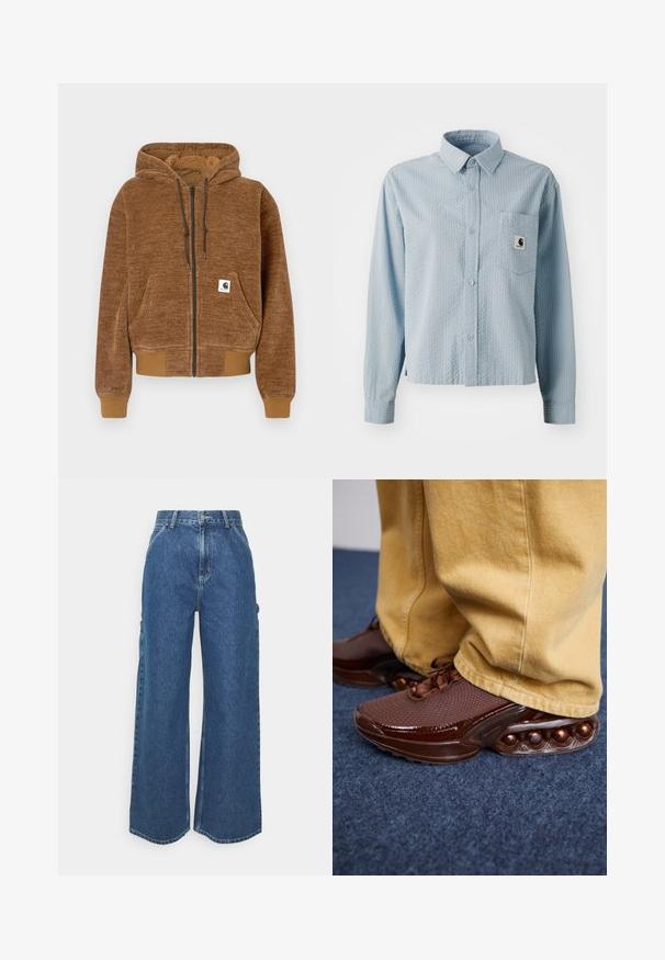 Smeđa dukserica na patent zatvarač s kapuljačom na šnuru, prednjim džepom, rebrastim manžetama i donjim rubom, te bijelom etiketom marke Carhartt na džepu.; Svijetloplava, košulja dugih rukava s gumbima, s teksturiranim uzorkom, džepom na prsima i oznakom marke na džepu. Izrađena od tkanine od prewoven.; Široke plave traperice s visokim strukom, kontrastnim šavovima i bočnim džepovima, s klasičnim dizajnom s pet džepova i sirovim rubovima.; Smeđe tenisice s teksturiranom površinom, sjajnim akcentima i zaobljenim mjehurićastim detaljima na potplatu, uparene s svijetložutim hlačama.
