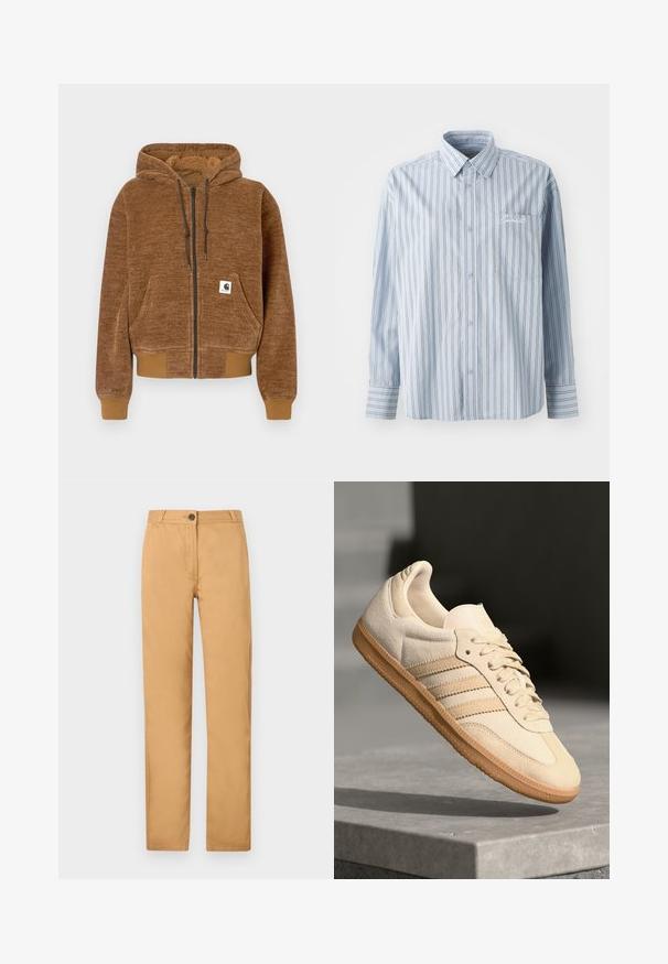 Brun genser med glidelås og hette med snor, frontlomme, ribbestrikkede mansjetter og kant, samt hvit Carhartt merkeetikett på lommen.; Lys blå langermet skjorte med knapper og hvite og mørke vertikale striper, samt en brystlomme med hvit skrifttypebrodering.; Lys brun chinos med en rettskåret design, knappelukking og sidelommer. Stoffet er glatt med en matt finish.; Lys beige suedette sneakers med gummisåle, tre diagonale striper og en teksturert tåhette. Har logo på tungen og siden.