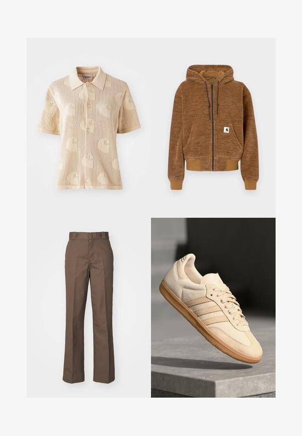 Barna, cipzáras kapucnis pulcsi, állítható kapucnival, elülső zsebbel, bordás mandzsettákkal és alsó résszel, valamint fehér Carhartt márkajelzéssel a zseben.; Könnyű, lélegző kialakítású, bézs színű, rövid ujjú kötött pólóing, mintás textúrával és öt gombos záródással.; Barna pamut nadrág egyenes szárú dizájnnal, lapos elülső résszel és övhurkokkal. Sima textúra, látható minták vagy díszítések nélkül.; Világos bézs velúr sportcipő, gumitalppal, három átlós csíkkal és texturált orral. A díszítés a nyelven és az oldalon található.