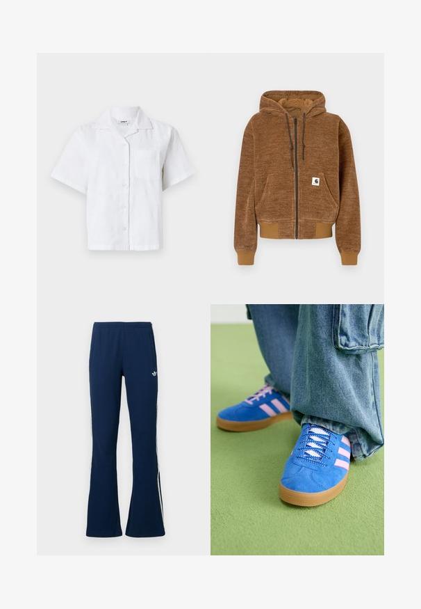 Ruda zip-up džinsinė striukė su šiurkščiu kepurėle, priekinė kišenė, pūtimo rankogaliai ir apykaklė, bei balta Carhartt prekės ženklo etiketė kišenėje.; Trumpas rankovėmis baltas marškinis su tekstūruotu raštu, mygtukiniais užsegimais priekyje ir krūtinės kišene. Pagamintas iš lengvos medžiagos su laisvu siluetu.; Tamsiai mėlynos spalvos siūluotos platėjančios sportinės kelnės su baltomis juostelėmis šonuose ir siuvinėta logotipu kairėje pusėje, turi dvi šonines kišenes.; Mėlyni zomšiniai bateliai su rožinėmis juostelėmis ir baltais raišteliais, turintys guminį padą, derinami su laisvais džinsiniais kelnais ant žalios paviršiaus.