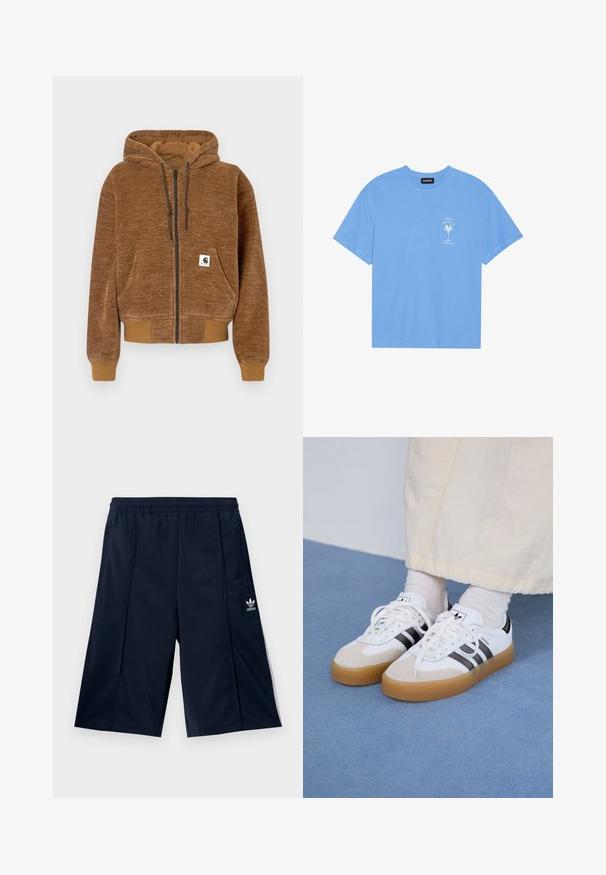 Brun genser med glidelås og hette med snor, frontlomme, ribbestrikkede mansjetter og kant, samt hvit Carhartt merkeetikett på lommen.; Lys blå bomull t-skjorte med rund hals. Har et hvitt grafisk motiv av et palmetre og tekst på venstre brystområde. Korte ermer.; Marineblå trening-shorts med elastisk midje og sidelommer, med en hvit Adidas-logo nederst på venstre ben.; Hvite sneakers med svarte striper og beige semsket skinn-detaljer. Har en teksturert gummisåle og flate hvite snører, brukt med lyse sokker.