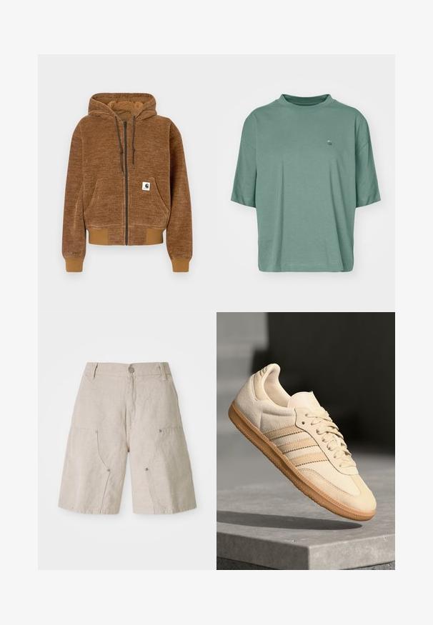 Ruda zip-up džinsinė striukė su šiurkščiu kepurėle, priekinė kišenė, pūtimo rankogaliai ir apykaklė, bei balta Carhartt prekės ženklo etiketė kišenėje.; Trumpo rankovėmis, laisvas T šuo muted žaliai medvilnei. Savybės subtilus bangos logotipas krūtinėje ir neryški apykaklė.; Bežinės lininės šortai su laisvu siluetu, turintys dvi priekines kišenes ir apvalius metalinius akcentus. Nepakartojamas dizainas su tekstūruotu paviršiumi.; Šviesiai ruda veliūrinė sportinė avalynė su guminiais padais, trimis įstrižomis juostelėmis ir tekstūruotu pirštų apsauginiu. Ant liežuvio ir šono yra logotipas.