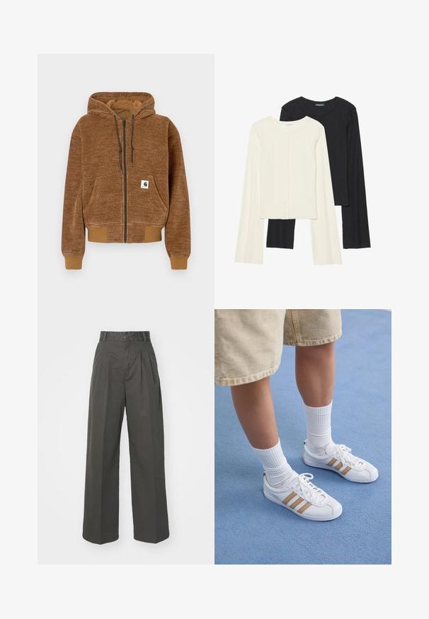 Brown zip-up hoodie with drawstring hood, front pocket, ribbed cuffs and hem, and white Carhartt brand label on pocket.; Set of two long-sleeve tops in white and black. Ribbed texture, round neck, fitted design with slightly flared sleeves.; High-waisted, charcoal-gray trousers made of cotton. Features pleats, a single button closure, and wide, straight legs. Smooth texture.; White sneakers with three gold stripes, lace-up design, rubber sole, worn with ribbed white socks and beige shorts on a blue surface.
