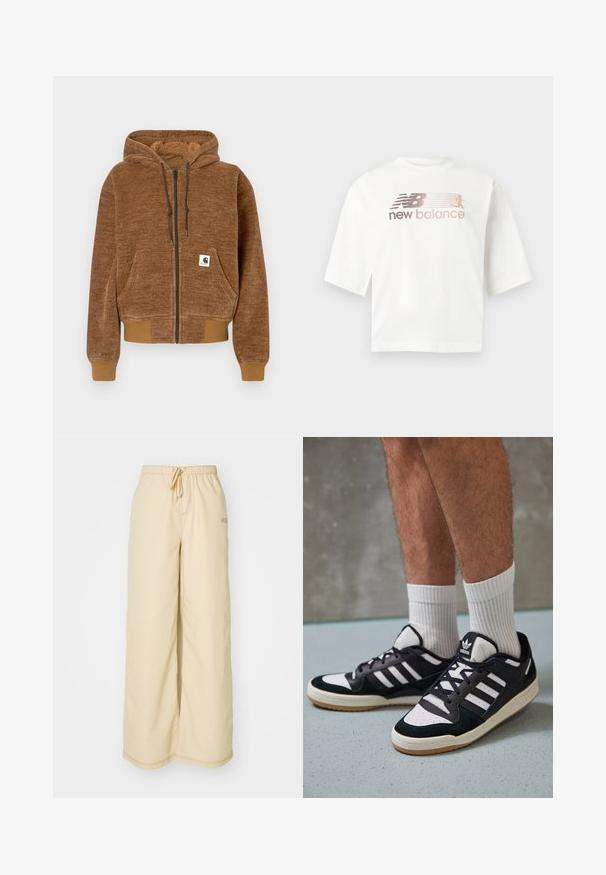 Smeđa dukserica na patent zatvarač s kapuljačom na šnuru, prednjim džepom, rebrastim manžetama i donjim rubom, te bijelom etiketom marke Carhartt na džepu.; Bijela majica kratkih rukava od pamuka, s logom u gradijentu ružičaste i sive boje, te tekstom "new balance" ispod logotipa.; Bež hlače širokih nogavica od mekog materijala, s elastičnim pojasom i vezicom, bočnim džepovima i suptilnim detaljima šivanja.; Crne i bijele tenisice s gornjim dijelom od antilopa i kože, s tri bijele pruge, perforiranim prstom i gumiranim potplatom.