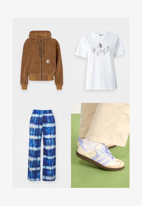 Brun lynlås hættejakke med snørehætte, frontlomme, ribbet ærmer og kant, samt hvid Carhartt mærkeetiket på lommen.; Hvid bomulds T-shirt med et stort, glitrende, mørkt grafisk design af Adidas trefoil-logoet på forsiden. Korte ærmer og rund halsudskæring.; Vide ben bukser med et blå-og-hvidt tie-dye mønster samt en elastisk talje. Fremstillet af et letvægtigt, åndbart stof.; Creme og lavendel sneakers med tre striber og en tekstureret brun sål, der har snørebånd og en polstret hæl. Blødt stof øvre.