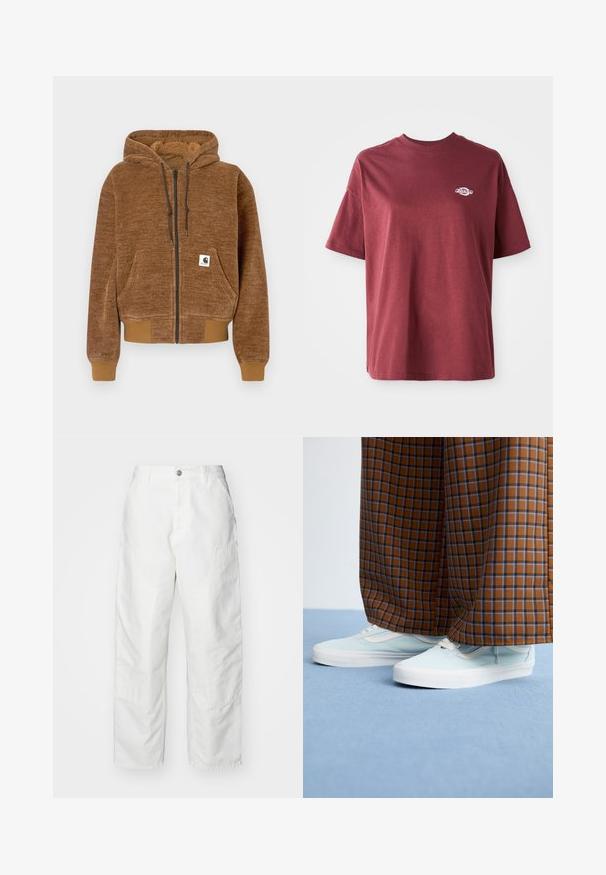 Fleece com fecho éclair castanho, capuz com cordão, bolso frontal, punhos e bainha canelados, e etiqueta branca da marca Carhartt no bolso.; T-shirt de algodão cor bordô com decote redondo, mangas curtas e um pequeno logótipo branco na área esquerda do peito. Textura suave, corte descontraído.; Calças cargo brancas feitas de denim, com um corte descontraído, bolsos laterais e detalhes de costura visíveis. Frente simples com fecho de botão.; Sapatilhas de tom azul claro usadas com calças largas em padrão xadrez castanho e azul, sobre um chão de carpete azul claro.