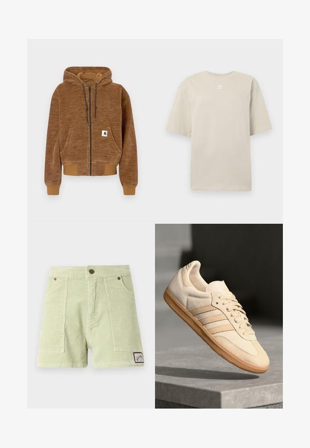 Brown zip-up hoodie with drawstring hood, front pocket, ribbed cuffs and hem, and white Carhartt brand label on pocket.; Beige short-sleeve t-shirt made of cotton, featuring a round neck and small white Adidas logo printed on the chest. Soft texture, relaxed fit.; Corduroy shorts in light green, featuring a ribbed texture, two front pockets, a back patch label, and metal button hardware.; Light beige suede sneaker with gum outsole, three diagonal stripes, and a textured toe cap. Features logo on the tongue and side.