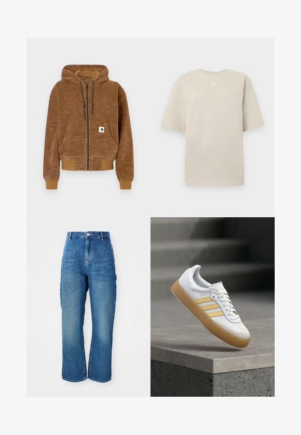 Ruda zip-up džinsinė striukė su šiurkščiu kepurėle, priekinė kišenė, pūtimo rankogaliai ir apykaklė, bei balta Carhartt prekės ženklo etiketė kišenėje.; Bordinė trumpomis rankovėmis medvilninė marškinėliai, suapvalintas kaklas ir mažas baltas Adidas logotipas krūtinėje. Minkšta tekstūra, laisvas kirpimas.; Aukštos liemenėlės tiesios kojos mėlyni džinsai su priekiniais mygtukais, užtrauktuku ir šoninėmis cargo kišenėmis prieš baltą foną.; Baltas odinis sportinis batelis su geltonais akcentais, trimis dryžiais ir guminės medžiagos padu. Komplekte apvalus nosis ir tekstūruotas liežuvis.