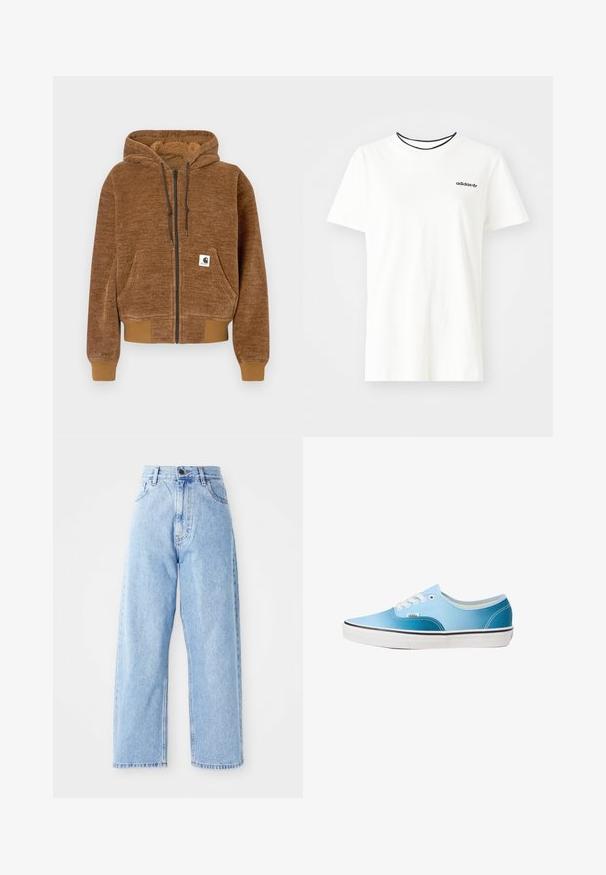 Braune Kapuzenjacke mit Reißverschluss, mit Kordelzugkapuze, Vordertasche, gerippten Bündchen und Saum sowie einem weißen Carhartt-Label auf der Tasche.; Weißes Baumwoll-T-Shirt mit kurzen Ärmeln und rundem Halsausschnitt. Mit einem schwarzen Adidas-Logo auf der Brust und einem kontrastierenden schwarzen Innenkragen.; Hoch-taillierte hellblaue Jeans mit geraden, weiten Beinen, vorderem Knopf, Reißverschluss und Front- sowie Gesäßtaschen.; Vans AUTHENTIC - Sneaker low - blue coral gradient