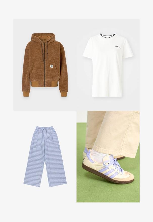 Braune Kapuzenjacke mit Reißverschluss, mit Kordelzugkapuze, Vordertasche, gerippten Bündchen und Saum sowie einem weißen Carhartt-Label auf der Tasche.; Weißes Baumwoll-T-Shirt mit kurzen Ärmeln und rundem Halsausschnitt. Mit einem schwarzen Adidas-Logo auf der Brust und einem kontrastierenden schwarzen Innenkragen.; Hellblaue gestreifte weite Hosen mit roten vertikalen Streifen, aus leichtem Stoff gefertigt, mit elastischem Bund und Kordelzug sowie seitlichen Taschen.; Cremefarbene und lavendelfarbene Sneakers mit drei Streifen und einer strukturierten braunen Sohle, ausgestattet mit Schnürsenkeln und einer gepolsterten Ferse. Obermaterial aus weichem Stoff.
