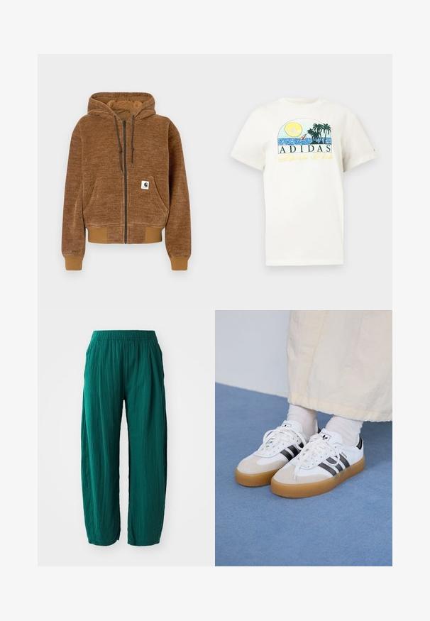 Fleece com fecho éclair castanho, capuz com cordão, bolso frontal, punhos e bainha canelados, e etiqueta branca da marca Carhartt no bolso.; T-shirt de algodão branco com um design gráfico apresentando um sol, palmeiras e água. "ADIDAS Sports Club" impresso em verde e amarelo.; GAP WIDE LEG EASY PANT GAUZE - Calças - rain forest; Ténis brancos com riscas pretas e detalhes em camurça bege. Apresentam uma sola de borracha texturizada e atacadores brancos lisos, usados com meias de tom claro.