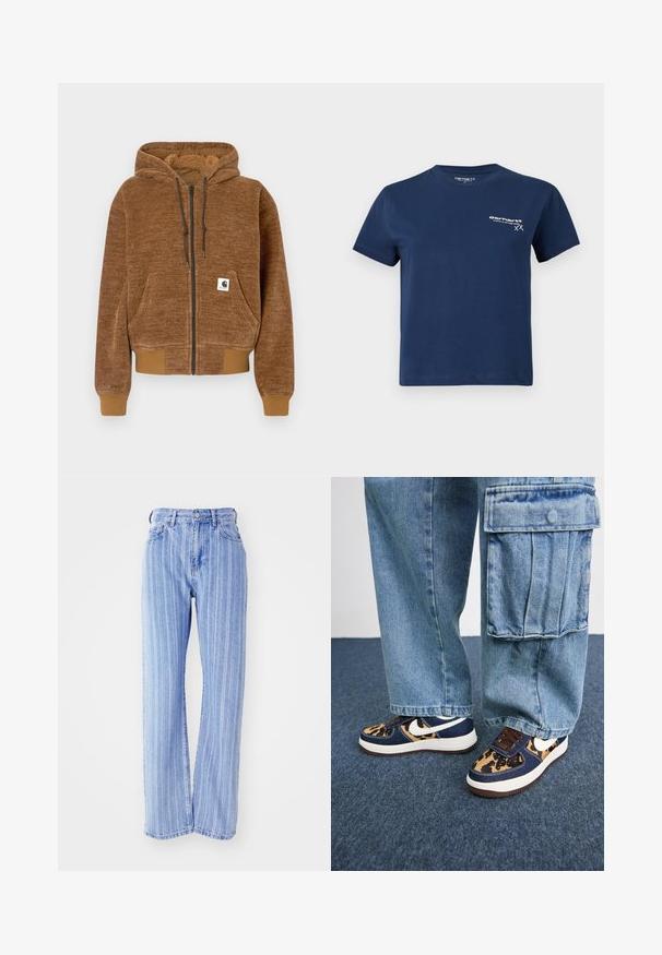 Brun genser med glidelås og hette med snor, frontlomme, ribbestrikkede mansjetter og kant, samt hvit Carhartt merkeetikett på lommen.; Mørkeblå bomull T-skjorte med korte ermer, rund hals og en hvit logo trykt på venstre forsidem. Enkel design, glatt tekstur.; Lyseblå denimjeans med vertikale hvite striper, høy midje, løs passform, fem lommer og knappelukking.; Mørkeblå sneakers med leopardmønstrede detaljer, hvit Nike-svosh, brune snører og hvit mellomsåle. Kombinert med lyse denim cargo-bukser.