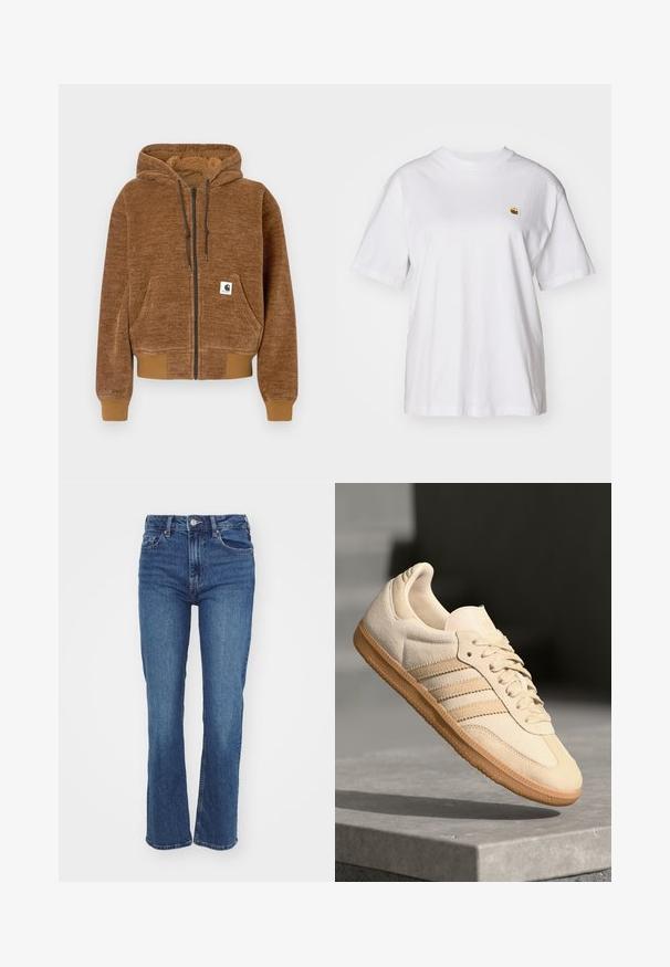 Fleece com fecho éclair castanho, capuz com cordão, bolso frontal, punhos e bainha canelados, e etiqueta branca da marca Carhartt no bolso.; T-shirt branca de algodão com um corte descontraído, mangas curtas e um pequeno logótipo bordado na área do peito esquerdo.; Jeans de ganga azul escuro com um design de perna reta, cintura alta, estilo de cinco bolsos e um clássico fecho de botão e zíper.; Sapatilha de camurça bege clara com sola de borracha, três riscas diagonais e uma biqueira texturizada. Apresenta o logótipo na língua e na lateral.