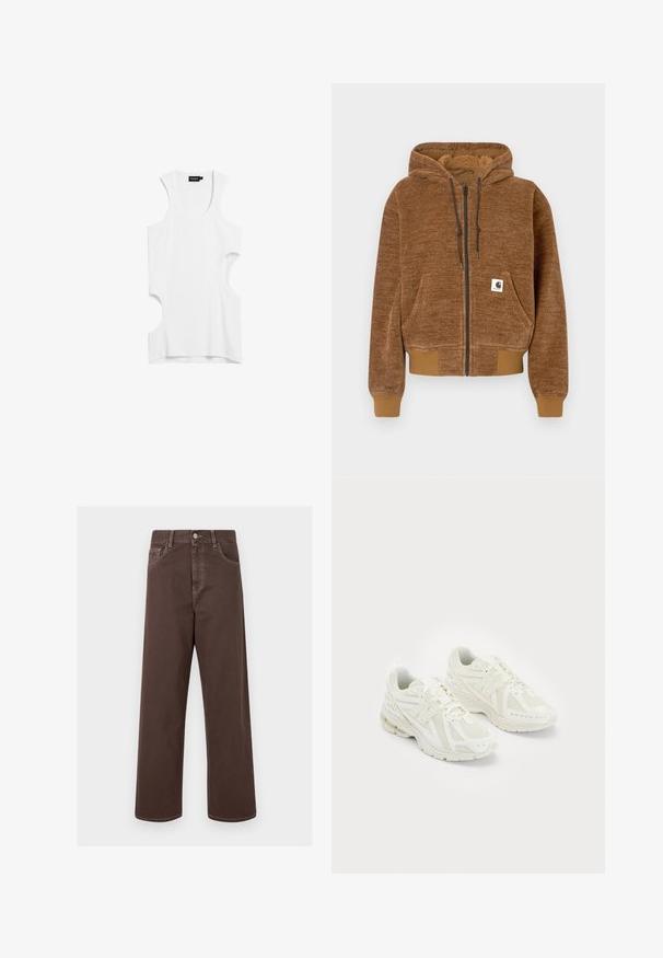 Felpa con zip marrone, cappuccio con cordino, tasca frontale, polsini e orlo a coste, etichetta bianca del marchio Carhartt sulla tasca.; Top bianco senza maniche realizzato in tessuto morbido, con fianchi sagomati e scollo rotondo. Design semplice senza motivi o dettagli.; Pantaloni in denim marrone a gamba larga con cuciture a contrasto, cinque tasche e chiusura con bottone metallico. Texture liscia, taglio dritto.; Scarpe sportive bianche realizzate in materiali sintetici e in rete, con lacci, colletto imbottito e suola testurizzata per migliorare la grip. Costruzione leggera.