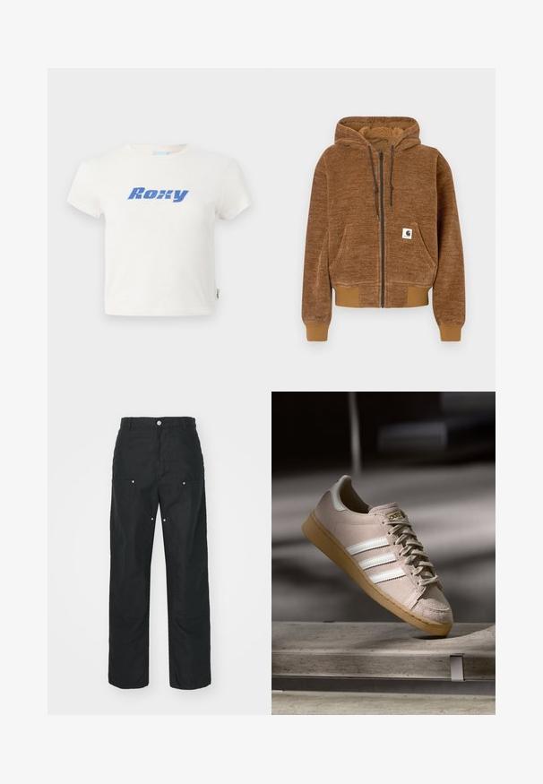 Brown zip-up hoodie with drawstring hood, front pocket, ribbed cuffs and hem, and white Carhartt brand label on pocket.; White cotton t-shirt with a crew neck, featuring a large blue "Roxy" logo printed across the chest. Short sleeves, regular fit.; Black trousers with a straight-leg design, made of a textured fabric. Features decorative silver hardware and unique seam detailing.; Light beige suede sneaker with white stripes, rubber gum sole, round toe, and flat laces. Features stitched accents and gold branding.