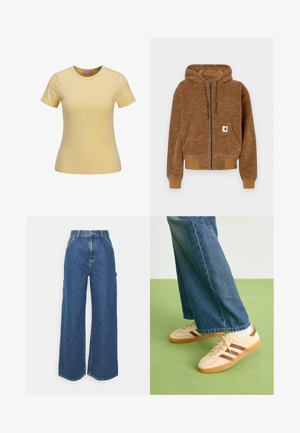 Fleece com fecho éclair castanho, capuz com cordão, bolso frontal, punhos e bainha canelados, e etiqueta branca da marca Carhartt no bolso.; T-shirt amarelo de mangas curtas, feito de algodão suave, com um decote redondo e um corte slim fit. Etiqueta visível dentro do colarinho.; Calças de ganga azuis de perna larga com cintura alta, costuras em contraste e bolsos laterais, apresentando um design clássico de cinco bolsos e bainhas desfiadas.; Tenis bege com painéis texturizados em creme e riscas castanhas, combinados com jeans de ganga azul. Os jeans têm um corte largo e uma bainha desfiada.
