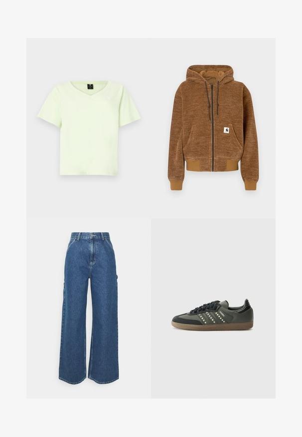 Ruda zip-up džinsinė striukė su šiurkščiu kepurėle, priekinė kišenė, pūtimo rankogaliai ir apykaklė, bei balta Carhartt prekės ženklo etiketė kišenėje.; Šviesiai žalia V formos marškinėliai pagaminti iš medvilnės. Trumpomis rankovėmis, laisvo dydžio, ir mažas logotipas ant krūtinės. Sklandžiomis tekstūra be raštų.; Plačios mėlynos džinsinės kelnes su aukštu juosmeniu, kontrastingais siūlais ir šoninėmis kišenėmis, turinčios klasikinį penkių kišenių dizainą ir brutalius kraštus.; adidas Originals SAMBA OG - Sportbačiai - core black/legend earth/gum