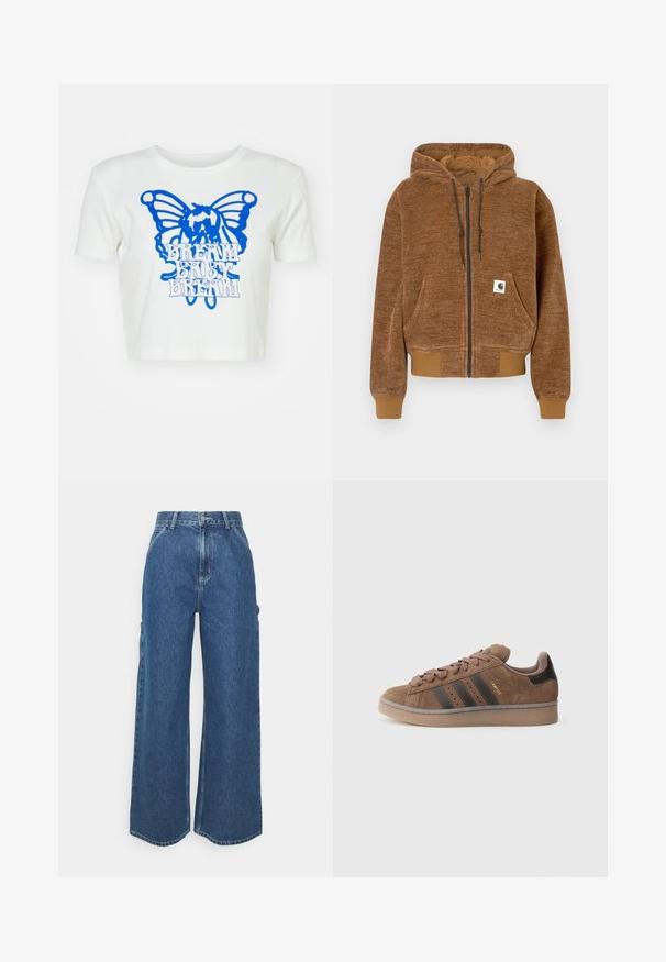 Fleece com fecho éclair castanho, capuz com cordão, bolso frontal, punhos e bainha canelados, e etiqueta branca da marca Carhartt no bolso.; Camiseta cropped branca com um gráfico de uma borboleta azul e o texto "Respira Bebé Respira". Feita de algodão suave, com gola redonda e mangas curtas.; Calças de ganga azuis de perna larga com cintura alta, costuras em contraste e bolsos laterais, apresentando um design clássico de cinco bolsos e bainhas desfiadas.; Tênis de camurça castanha com três riscas escuras, parte frontal com atacadores texturizados e calcanhar preto contrastante. Conta com sola de borracha e marcação dourada.