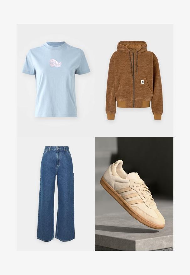 Fleece com fecho éclair castanho, capuz com cordão, bolso frontal, punhos e bainha canelados, e etiqueta branca da marca Carhartt no bolso.; T-shirt de algodão azul claro com mangas curtas e um decote alto, apresentando um pequeno desenho de concha bordado em rosa na frente.; Calças de ganga azuis de perna larga com cintura alta, costuras em contraste e bolsos laterais, apresentando um design clássico de cinco bolsos e bainhas desfiadas.; Sapatilha de camurça bege clara com sola de borracha, três riscas diagonais e uma biqueira texturizada. Apresenta o logótipo na língua e na lateral.