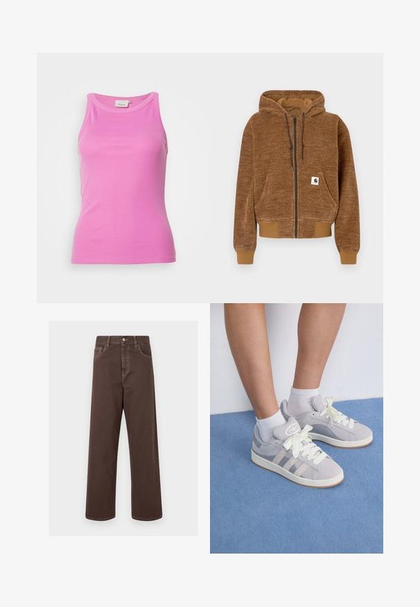 Brūns kapuce ar rāvējslēdzēju, ar regulējamu kapuci, priekšējo kabatu, ribotu aproču un apakšmalu, un balto Carhartt zīmola etiķeti uz kabatas.; Gestuz DREW - Tops - super pink; Brūnas platās denima bikses ar kontrastējošiem šuvēm, piecām kabatām un metāla pogu aizdari. Gluda tekstūra, taisna griezuma.; Pelēki zamša sporta apavi ar baltām šņorēm un gumijas zoli, ar trim diagonālām svītrām sānos un logotipa uzšuvi uz mēles.