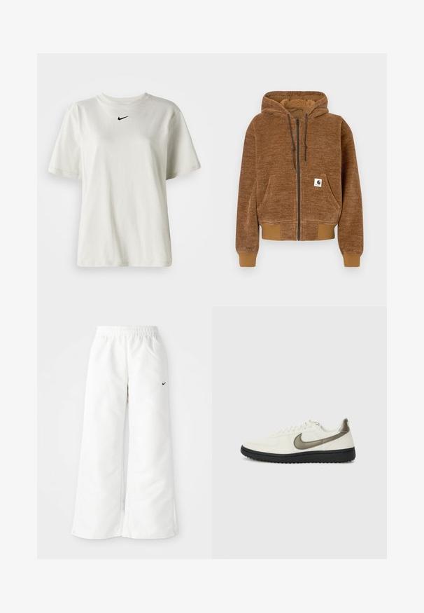 Brown zip-up hoodie with drawstring hood, front pocket, ribbed cuffs and hem, and white Carhartt brand label on pocket.; White cotton t-shirt with a round neckline and short sleeves. Features a small black Nike logo on the chest. Simple and unadorned design.; White athletic pants with a wide-leg design, elastic waistband, and a small black Nike logo on the left side. Smooth, lightweight material.; Nike Sportswear FIELD GENERAL - Trainers - off-white/black