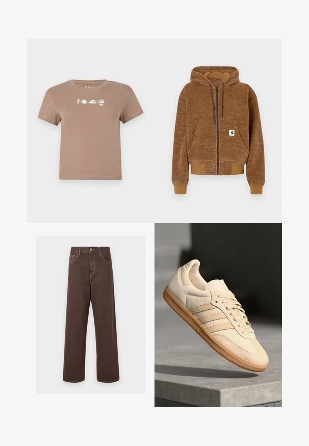 Ruda zip-up džinsinė striukė su šiurkščiu kepurėle, priekinė kišenė, pūtimo rankogaliai ir apykaklė, bei balta Carhartt prekės ženklo etiketė kišenėje.; Rudas medvilninis marškinėliai su apvalia iškirpte. Puošia balti grafikos elementai: kaktusas, saulė, banga, ranka ir širdis. Trumpomis rankovėmis.; Rudos plačios kojų džinsai su kontrastingomis siūlėmis, penkiais kišenėmis ir metaliniu mygtuko uždarymu. Lygus paviršius, tiesus kirpimas.; Šviesiai ruda veliūrinė sportinė avalynė su guminiais padais, trimis įstrižomis juostelėmis ir tekstūruotu pirštų apsauginiu. Ant liežuvio ir šono yra logotipas.