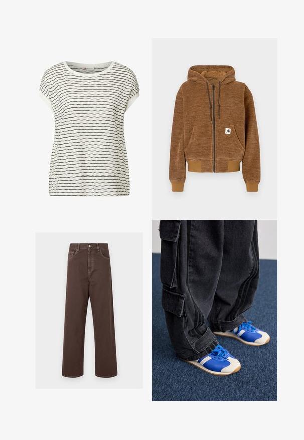 Bruine ritshoodie met trekkoordkap, voorkeepocket, ribgebreide manchetten en zoom, en een wit Carhartt merkembleem op de pocket.; Witte T-shirt met korte mouwen en zwarte horizontale strepen, met een ronde halslijn en een ontspannen pasvorm. Zachte textuur met zichtbare stiksels.; Bruine wijde denim broek met contrasterende stiknaden, vijf zakken en een metalen knoopsluiting. Soepele textuur, rechte snit.; Persoon in losse zwarte cargobroeken en blauw-witte sneakers staand op een donkerblauwe vloer.