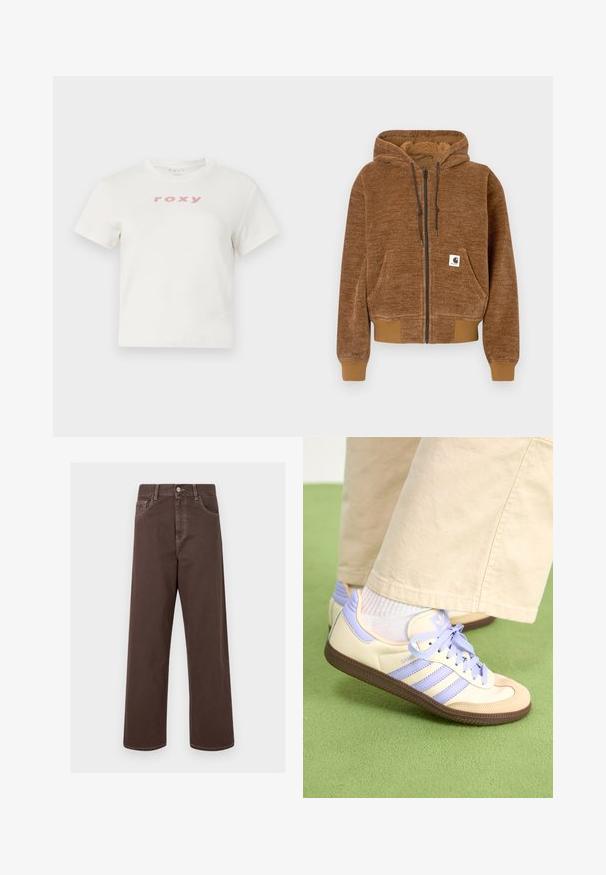 Pruun tõmbluku ja kapuutsi ning stringiga dressipluus, esiosa tasku, soonikuga varrukaotsad ja hem ning valge Carhartti brändi silt taskus.; Valge puuvillane t-särk lühikeste varrukatega ja ümmarguse kaelusega, millel on ees prinditud roosa logo "roxy". Tavalise lõikega disain.; Pruunid laiad denimipüksid kontrastsete õmblustega, viie tasku ja metallnupuga sulgu. Sile tekstuur, sirge lõige.; Kreemi ja lavendlivärvi tenniset, millel on kolm triipu ja tekstuuriga pruun tall, varustatud paelte ja pehmendatud kontsaga. Pehme kangast ülemine osa.