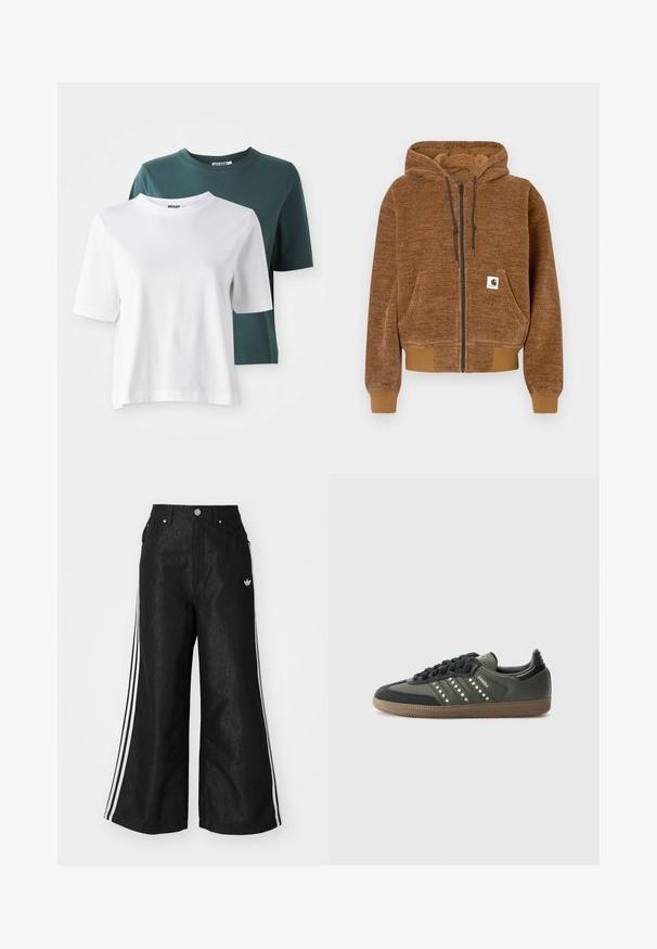 Braune Kapuzenjacke mit Reißverschluss, mit Kordelzugkapuze, Vordertasche, gerippten Bündchen und Saum sowie einem weißen Carhartt-Label auf der Tasche.; Zwei kurzärmlige T-Shirts: eines in Weiß und eines in dunklem Türkis. Beide haben einen Rundhalsausschnitt und eine weiche Baumwollstruktur. Das Markenlabel ist am Hals sichtbar.; Schwarze, weit geschnittene Jeans mit drei weißen Streifen an jeder Seite und einem kleinen weißen Logo. Mit vorderen Taschen und einem Knopfverschluss.; adidas Originals SAMBA OG - Sneaker low - core black/legend earth/gum