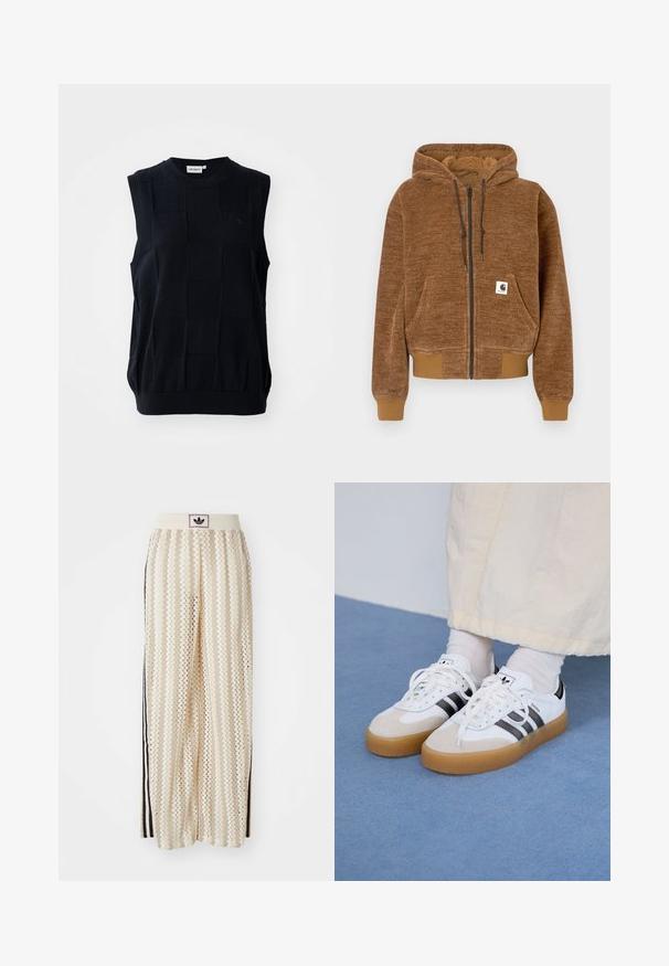 Braune Kapuzenjacke mit Reißverschluss, mit Kordelzugkapuze, Vordertasche, gerippten Bündchen und Saum sowie einem weißen Carhartt-Label auf der Tasche.; Ärmelloses Strickoberteil in Dunkelblau mit einem strukturierten Karomuster. Verfügt über einen Rundhalsausschnitt und einen elastischen Saum. Hergestellt aus dehnbarem Material.; Cremfarbene, weit geschnittene Hosen mit einem Zickzackmuster, ausgestattet mit einem schwarzen Logo-Bund und seitlichen schwarzen Streifen. Leichter, strukturierter Stoff.; Weiße Sneaker mit schwarzen Streifen und beigen Wildlederakzenten. Besitzen eine strukturierte Gummisohle und flache weiße Schnürsenkel, getragen mit hellen Socken.