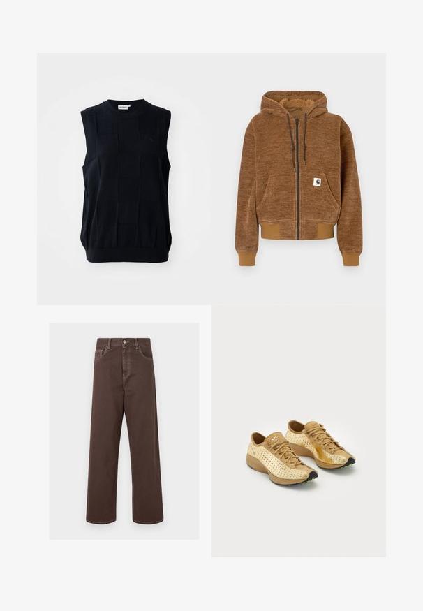 Brown zip-up hoodie with drawstring hood, front pocket, ribbed cuffs and hem, and white Carhartt brand label on pocket.; Sleeveless knit top in dark navy with a textured checkered pattern. Features a crew neckline and elastic hem. Made from flexible fabric.; Brown wide-leg denim pants with contrasting stitching, five pockets, and a metal button closure. Smooth texture, straight cut.; Pair of tan and beige Nike Air sneakers with perforated detailing, laces, and black soles accented with small green patches.