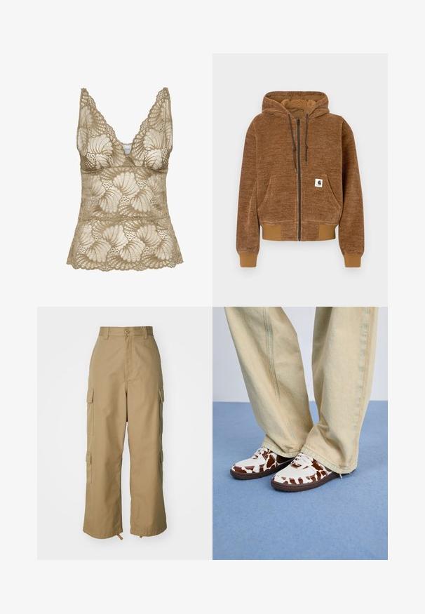 Rjava zip-up kapuca z nastavljivo kapuco, sprednjim žepom, rebrastimi manšetami in spodnjim robom ter belim Carhartt logotipom na žepu.; Bež sametni top s čipkastimi detajli, s V-izrezom, s valovitimi robovi in cvetličnim vzorcem. Mehka tekstura z zapletenim okrasjem.; Bežne cargo hlače z visokim pasom, širokimi nogami in štirimi velikimi stranskimi žepi. Narejene so iz trpežnega materiala z gladko teksturo in minimalnimi detajli.; Bele in rjave športne copate z mrežasto in usnjeno površino, ki imajo rjave gumijaste podplate. Ujemajo se z svetlobejžnimi širokimi hlačami.
